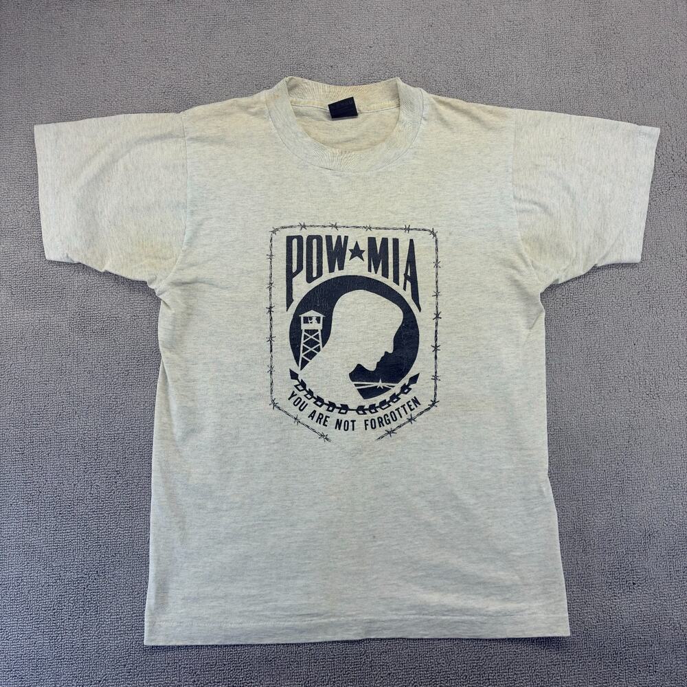VTG POW MIA Shirt Mens Lg. White Single Stitch BEST Fruit of the Loom Hang Tag